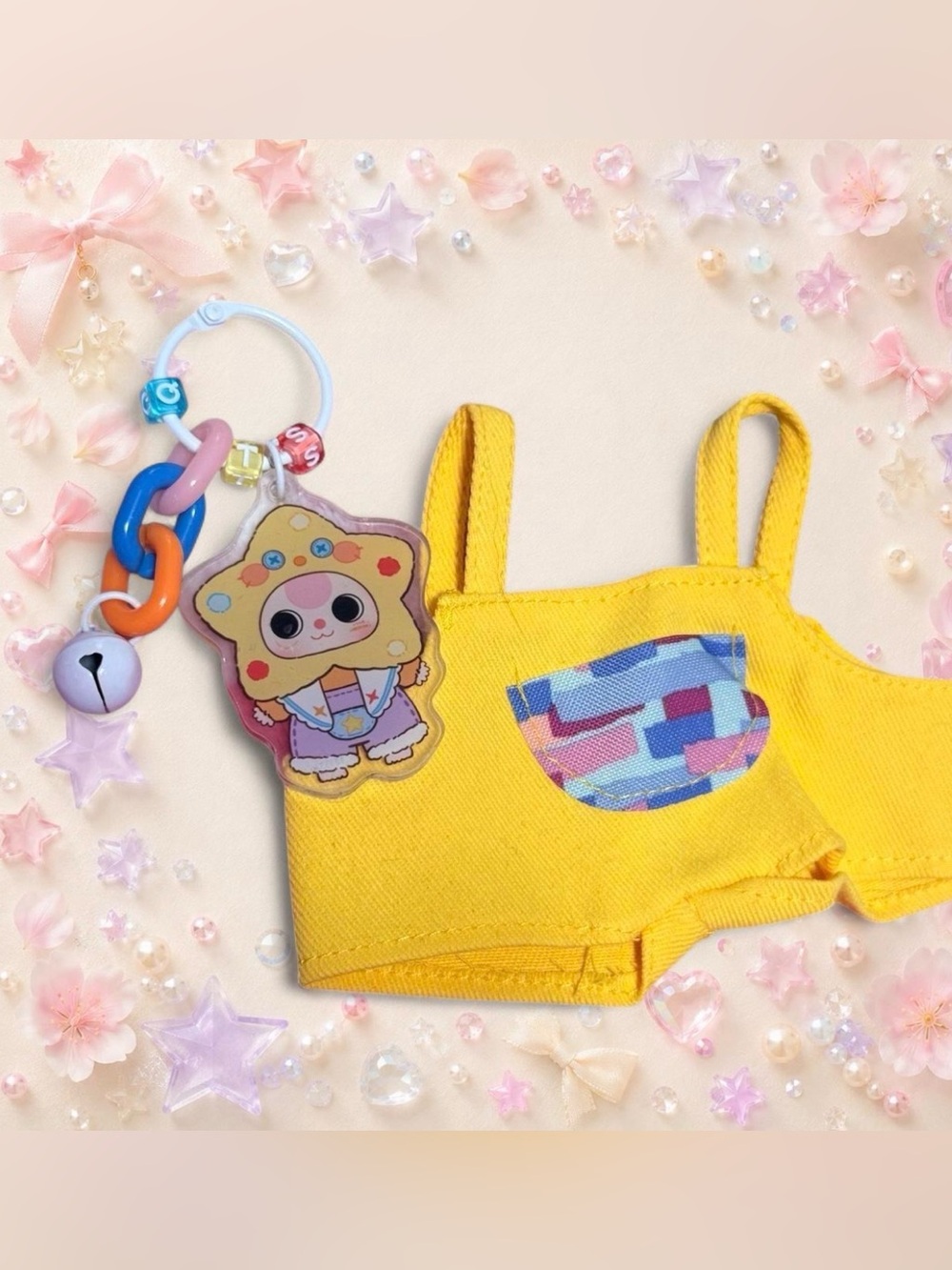 Baby Three Bundle Acrylic Star Keychain +BB3 Plush Doll Yellow Overalls Set